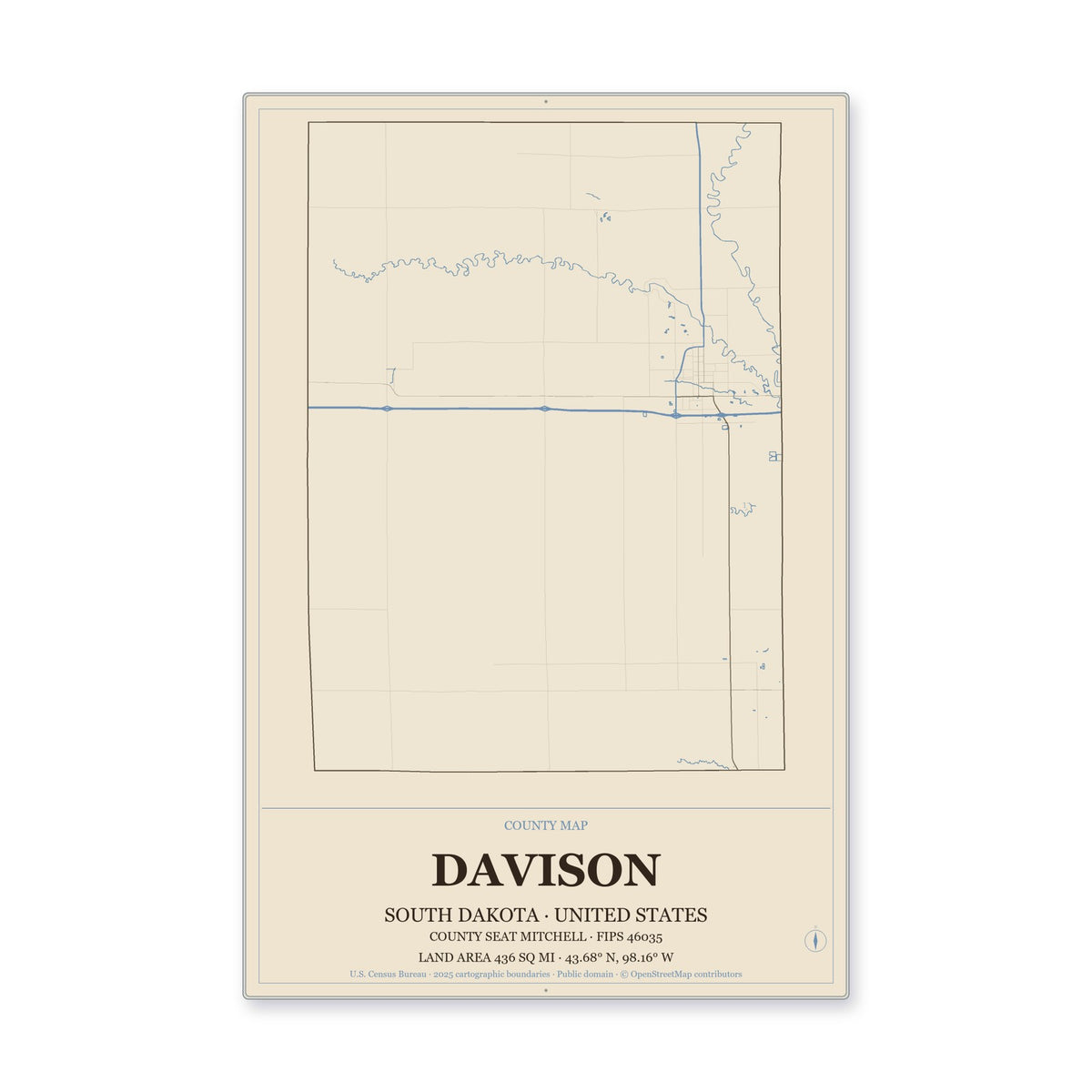 Davison County, South Dakota Map Aluminum Sign in Heritage Nautical style