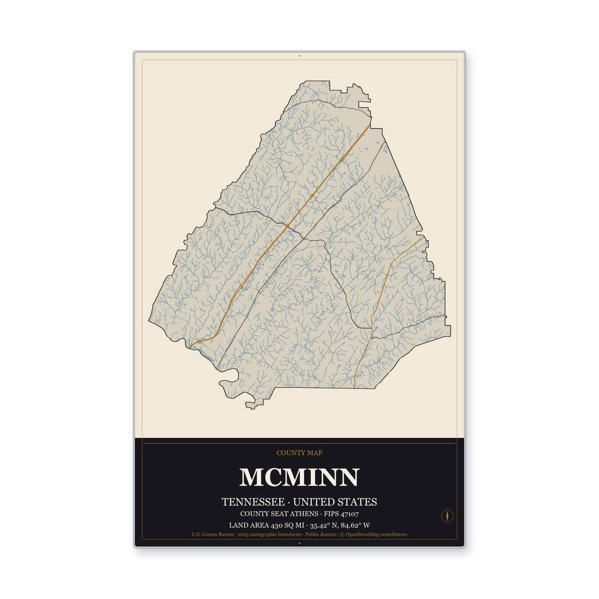 McMinn County, Tennessee Map Aluminum Sign in Museum Plaque style