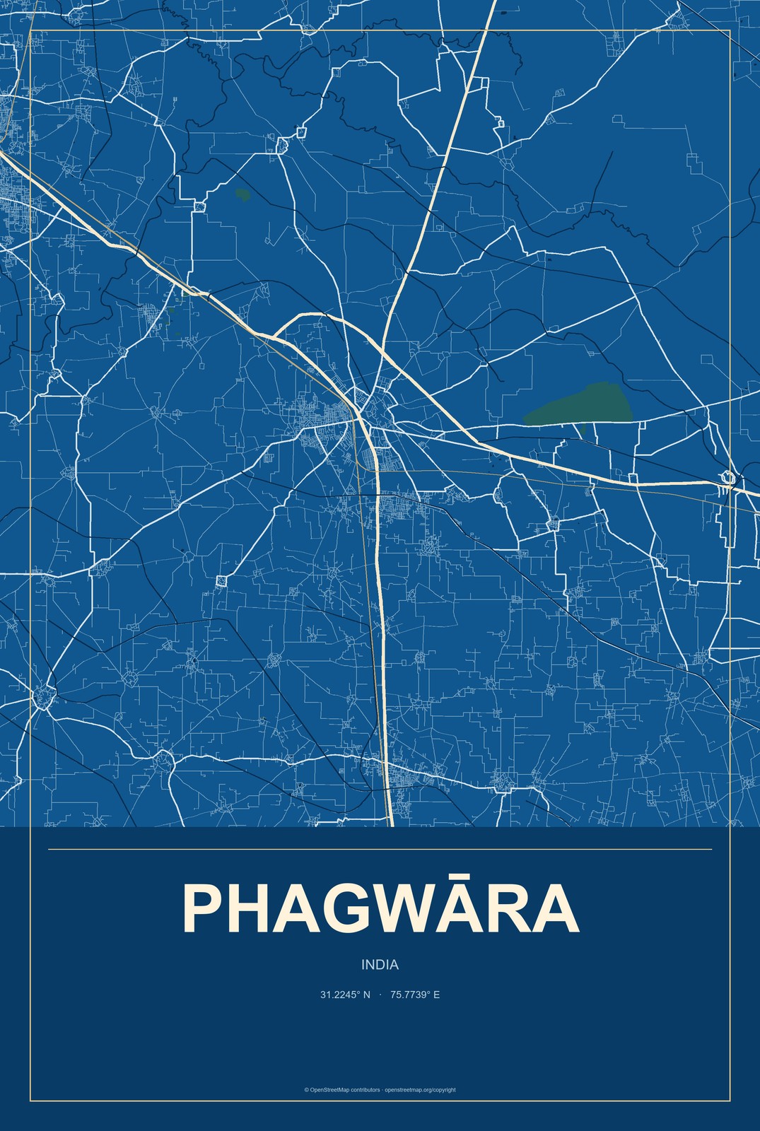 Phagwāra, India City Map Aluminum Sign in Harbor Cobalt style