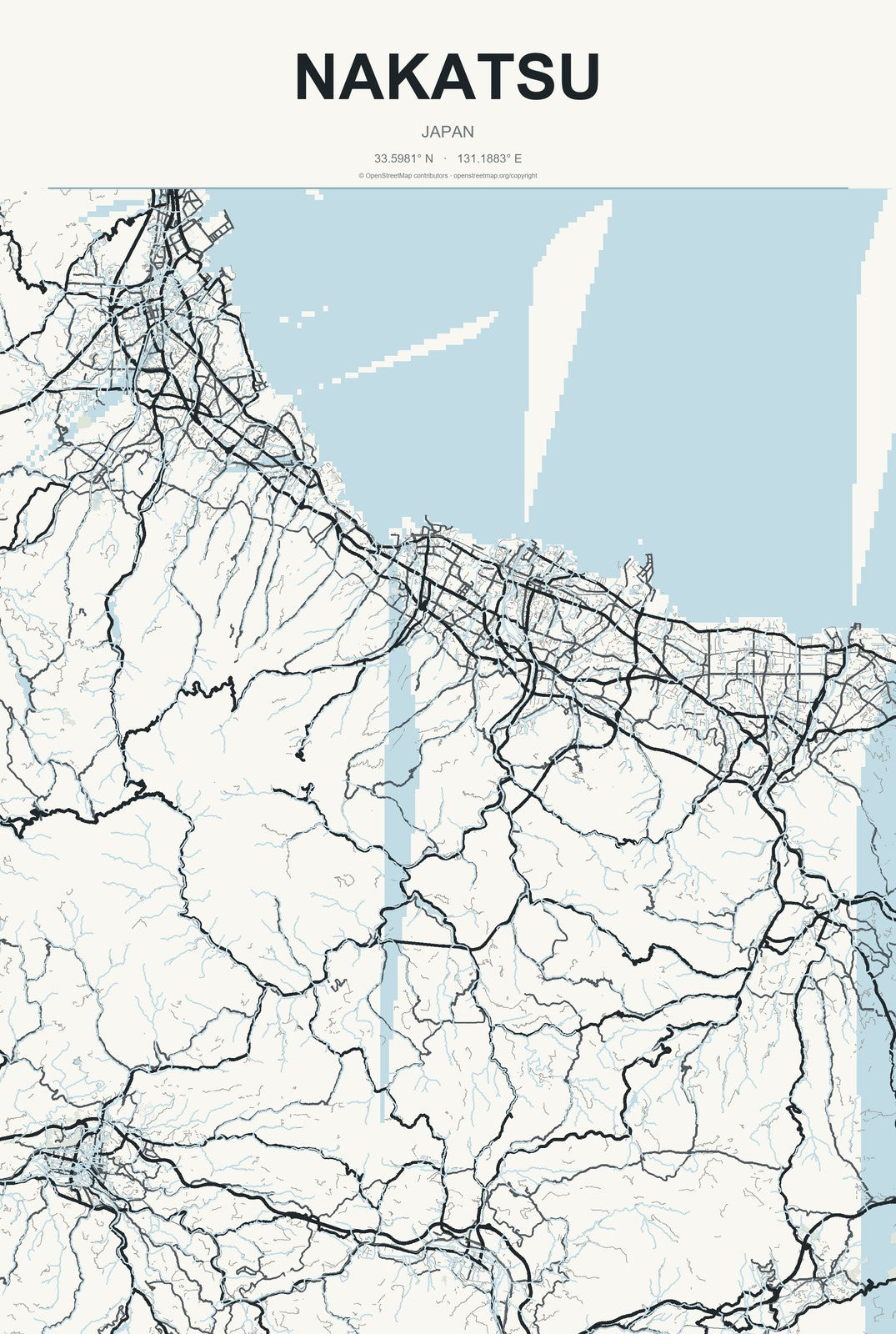 Nakatsu, Japan City Map Aluminum Sign in Headline Atlas style