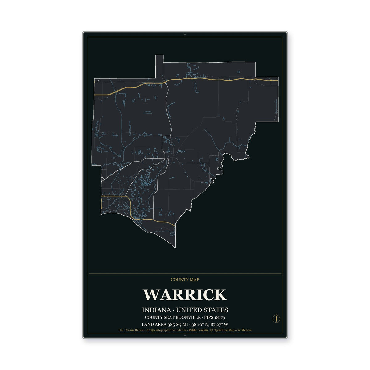 Warrick County, Indiana Map Aluminum Sign in Metropolitan Noir style