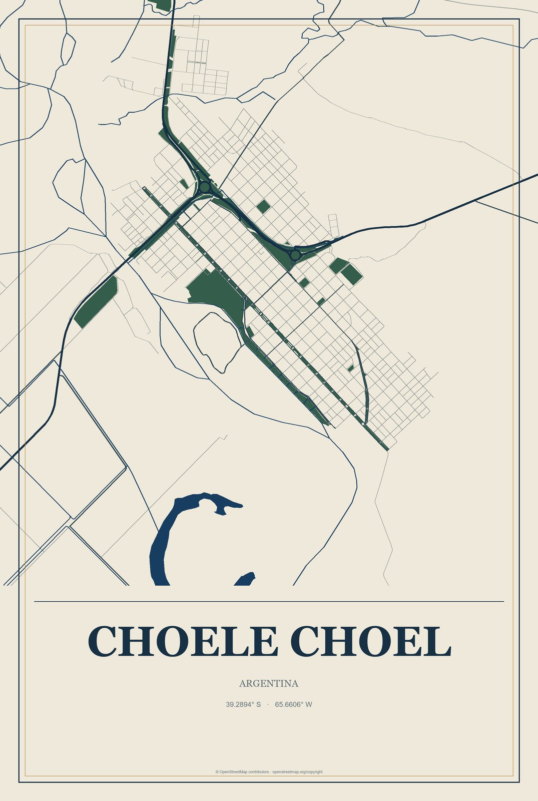 Choele Choel, Argentina City Map Aluminum Sign in Coastal Cutout style