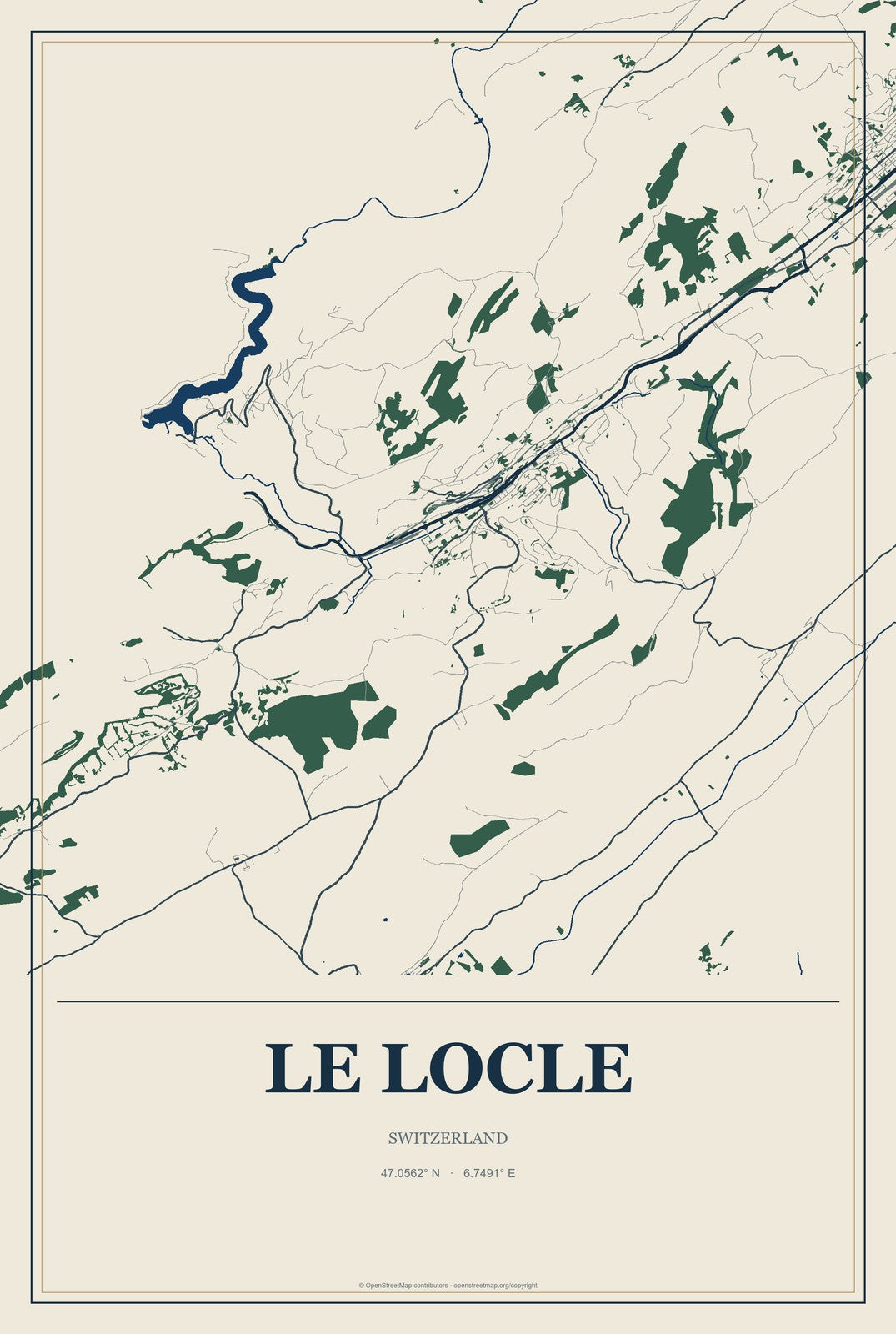 Le Locle, Switzerland City Map Aluminum Sign in Coastal Cutout style