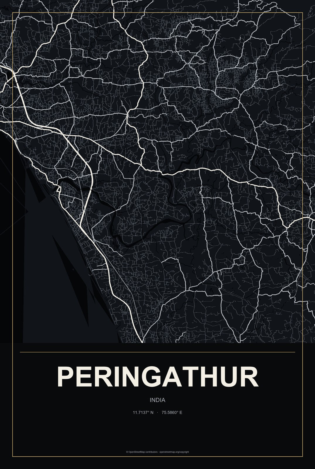 Peringathur, India City Map Aluminum Sign in Metropolitan Noir style