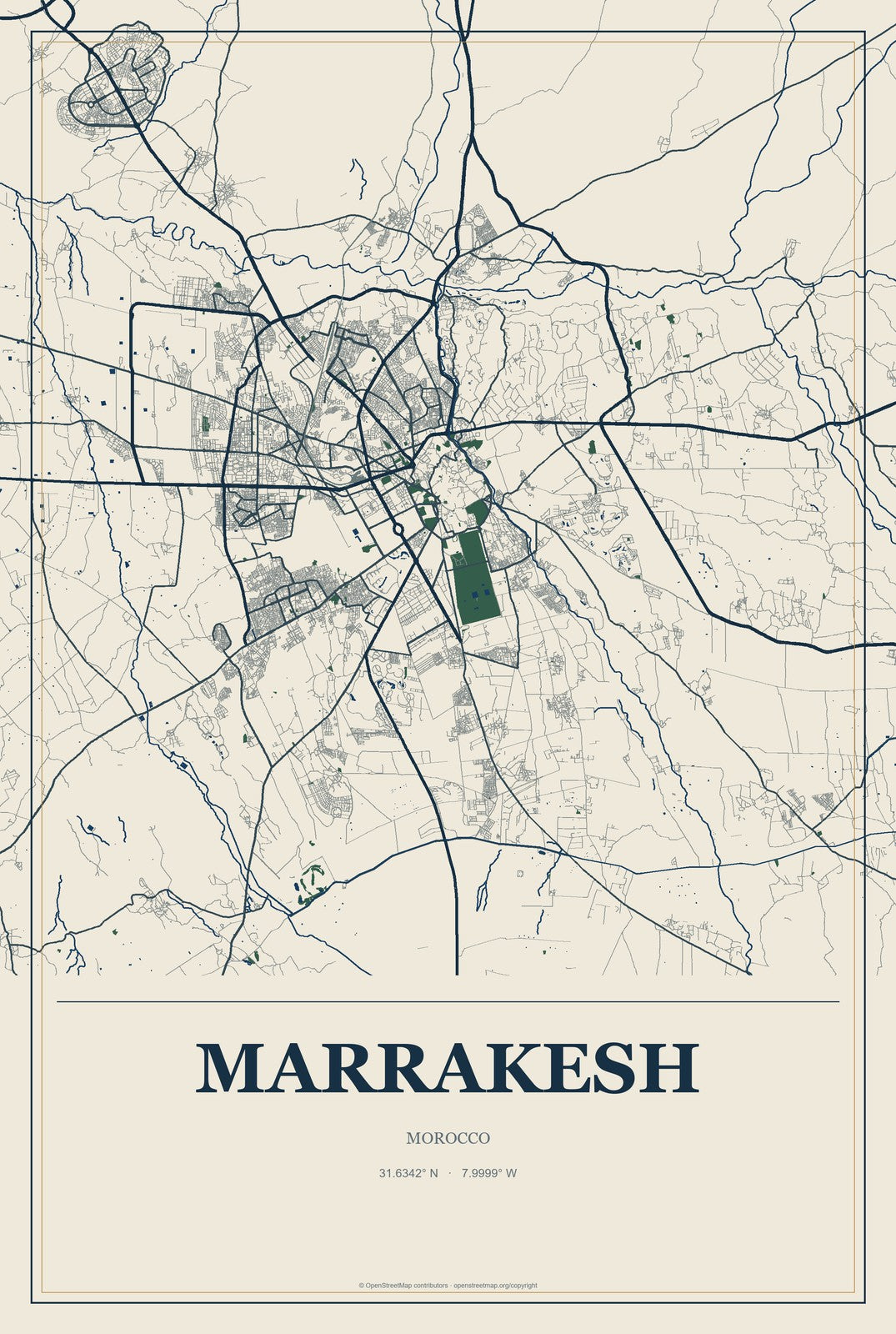 Marrakesh, Morocco City Map Aluminum Sign in Coastal Cutout style