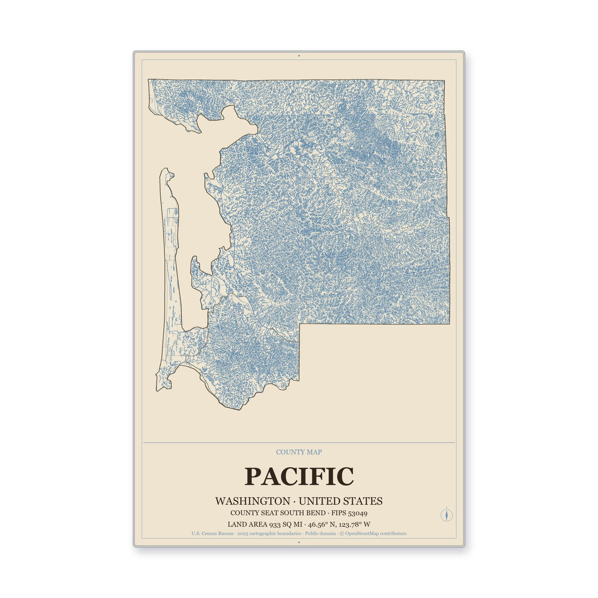 Pacific County, Washington Map Aluminum Sign in Heritage Nautical style