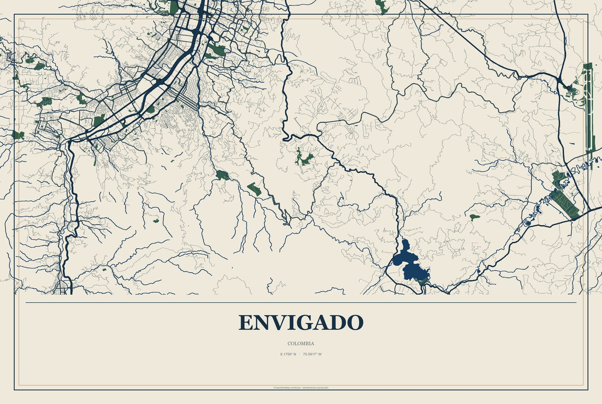 Envigado, Colombia City Map Aluminum Sign in Coastal Cutout style