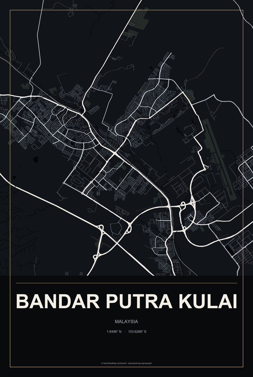 Bandar Putra Kulai, Malaysia City Map Aluminum Sign in Metropolitan Noir style