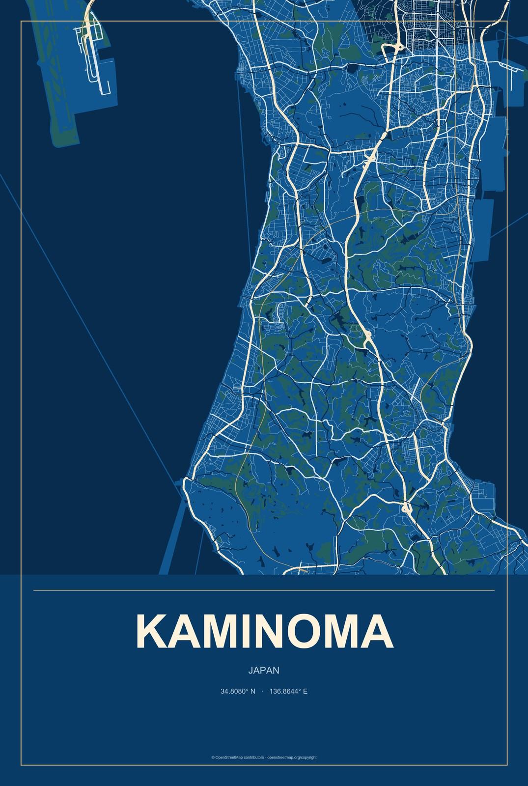 Kaminoma, Japan City Map Aluminum Sign in Harbor Cobalt style