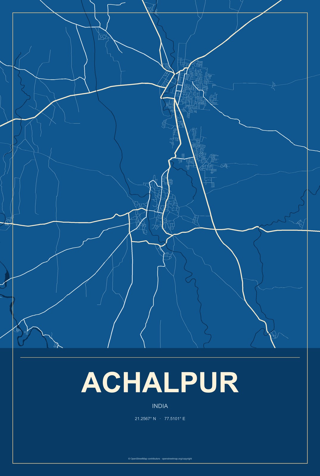 Achalpur, India City Map Aluminum Sign in Harbor Cobalt style