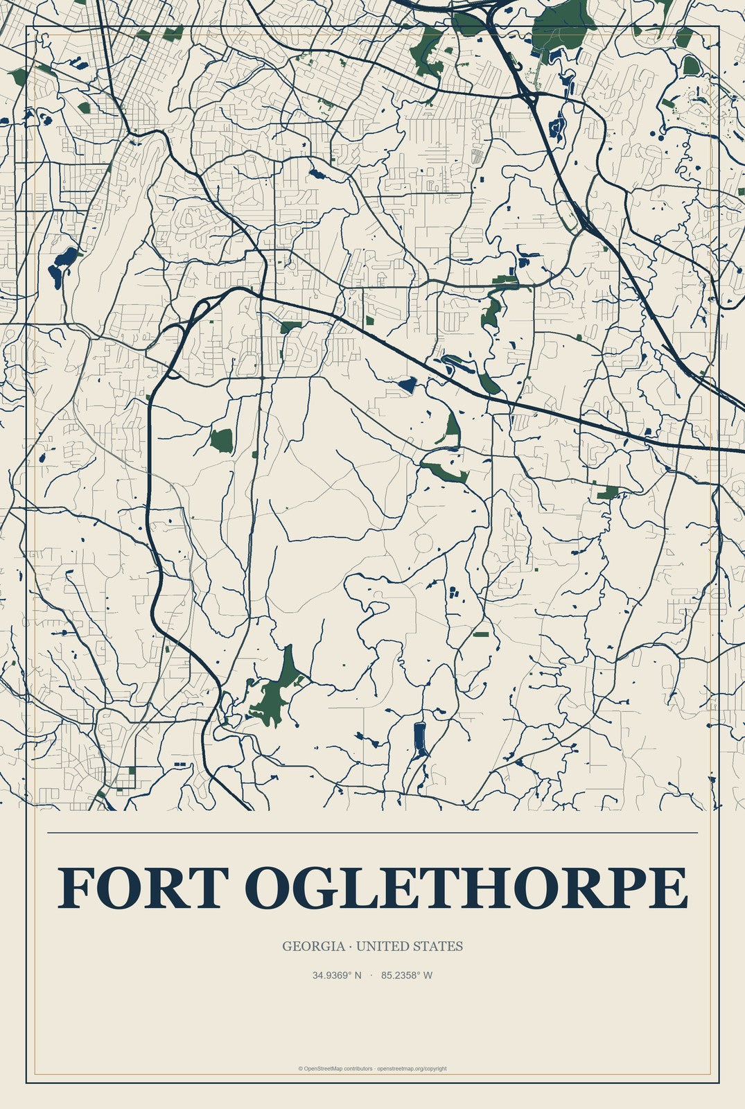 Fort Oglethorpe, Georgia City Map Aluminum Sign in Coastal Cutout style