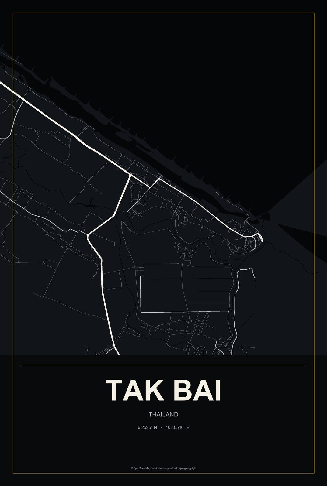 Tak Bai, Thailand City Map Aluminum Sign in Metropolitan Noir style