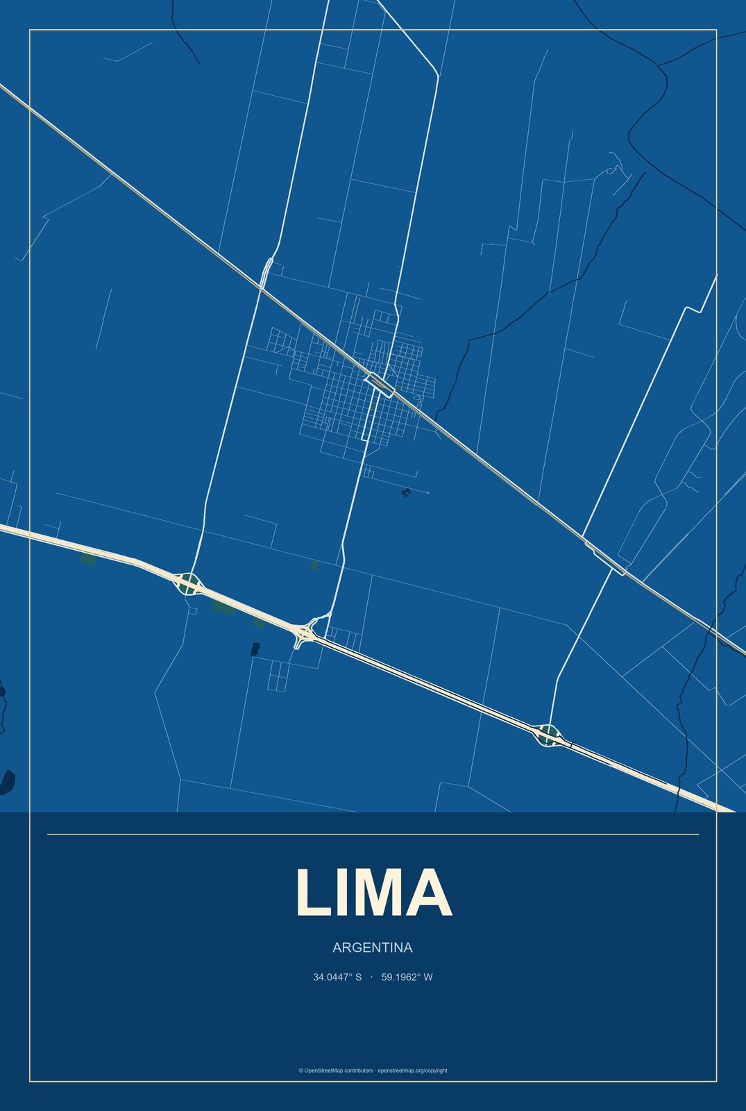 Lima, Argentina City Map Aluminum Sign in Harbor Cobalt style