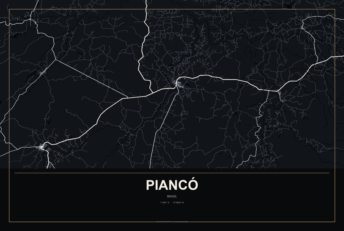Piancó, Brazil City Map Aluminum Sign in Metropolitan Noir style