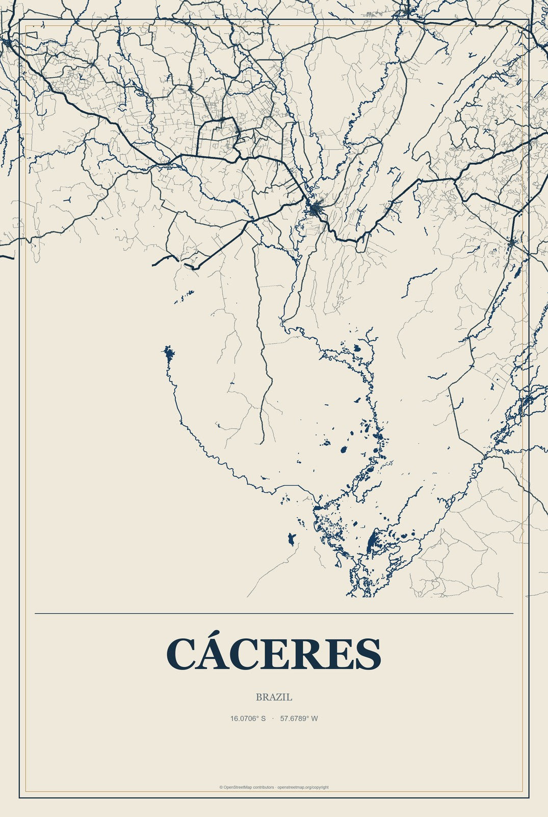 Cáceres, Brazil City Map Aluminum Sign in Coastal Cutout style