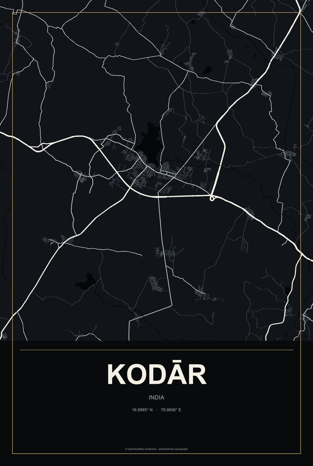 Kodār, India City Map Aluminum Sign in Metropolitan Noir style