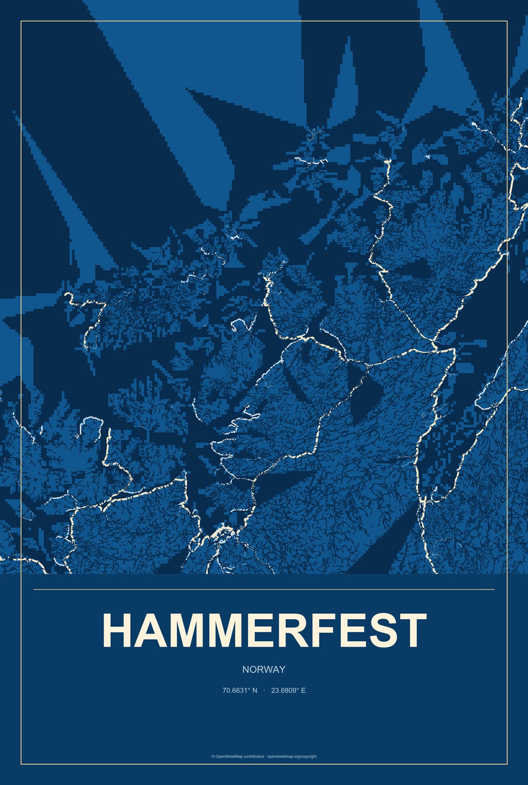 Hammerfest, Norway City Map Aluminum Sign in Harbor Cobalt style