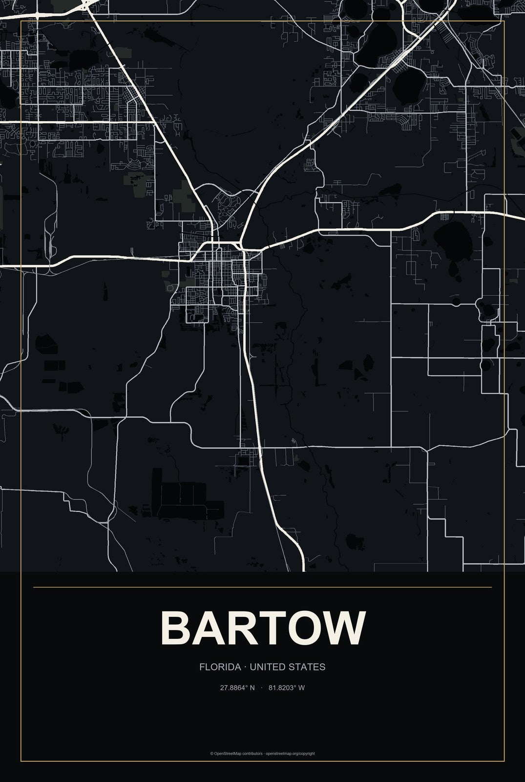 Bartow, Florida City Map Aluminum Sign in Metropolitan Noir style
