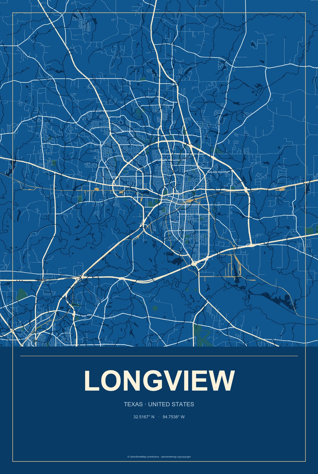 Longview, Texas City Map Aluminum Sign in Harbor Cobalt style