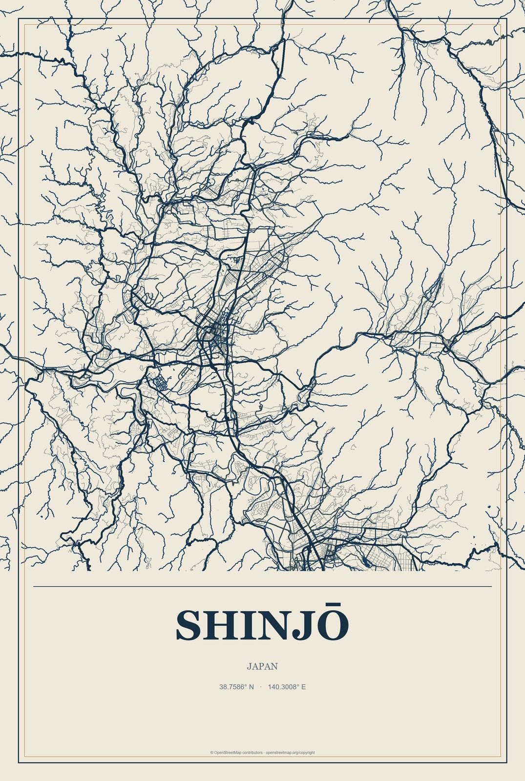 Shinjō, Japan City Map Aluminum Sign in Coastal Cutout style