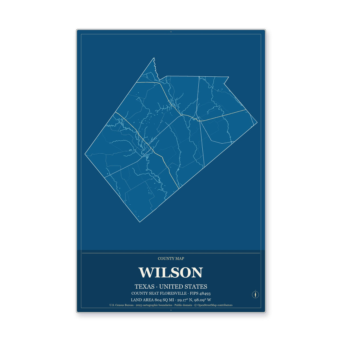 Wilson County, Texas Map Aluminum Sign in Harbor Cobalt style