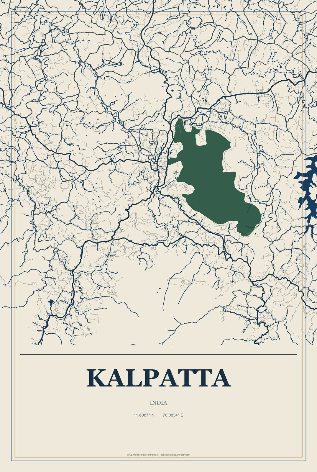 Kalpatta, India City Map Aluminum Sign in Coastal Cutout style