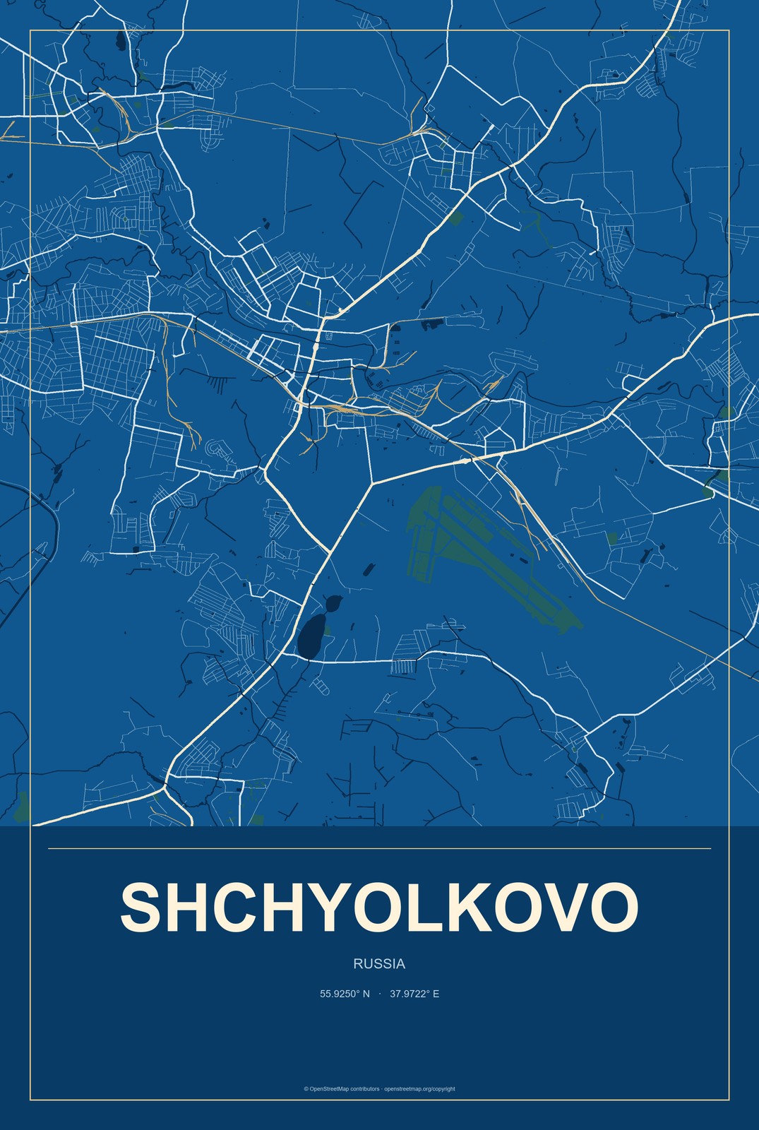Shchyolkovo, Russia City Map Aluminum Sign in Harbor Cobalt style
