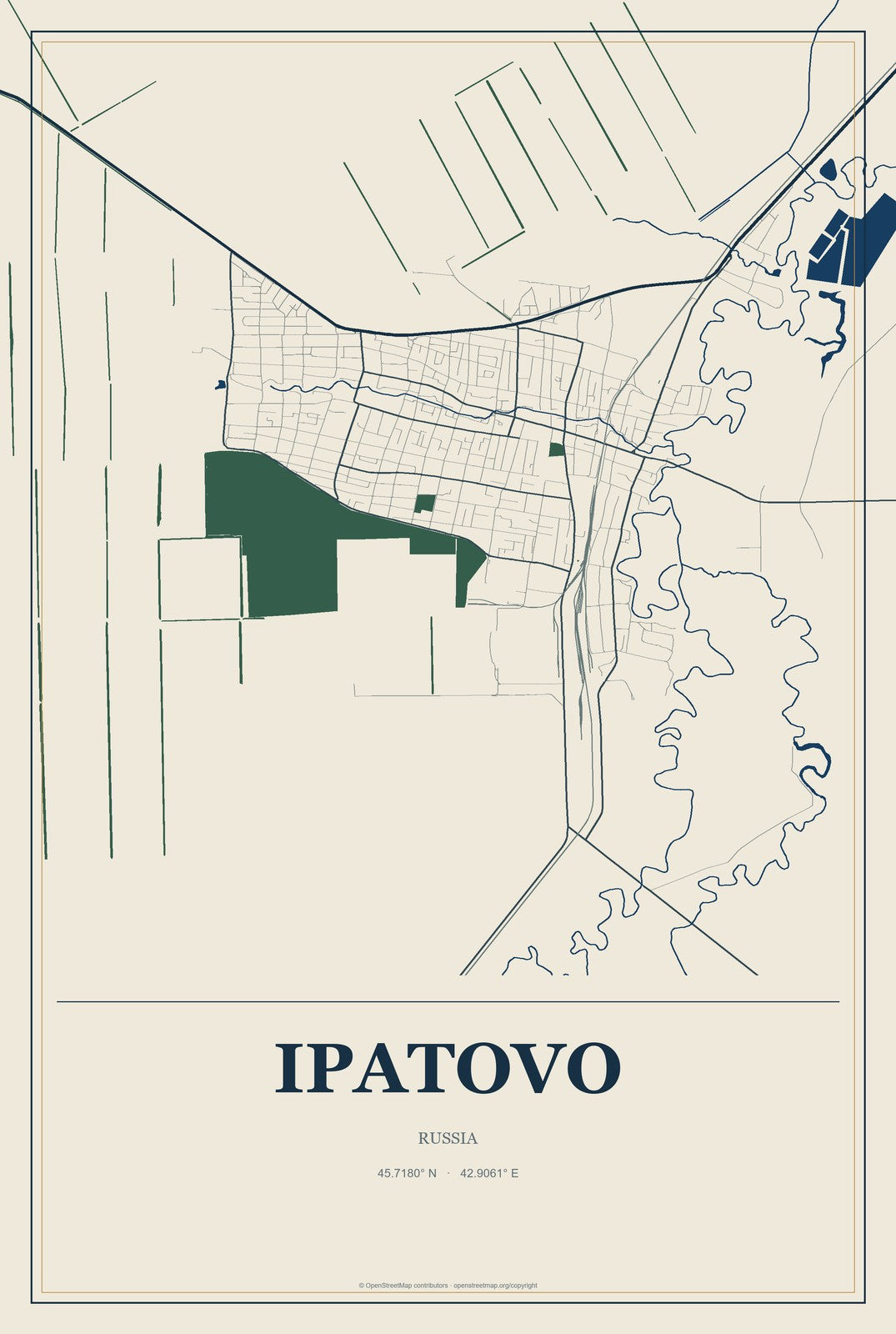 Ipatovo, Russia City Map Aluminum Sign in Coastal Cutout style