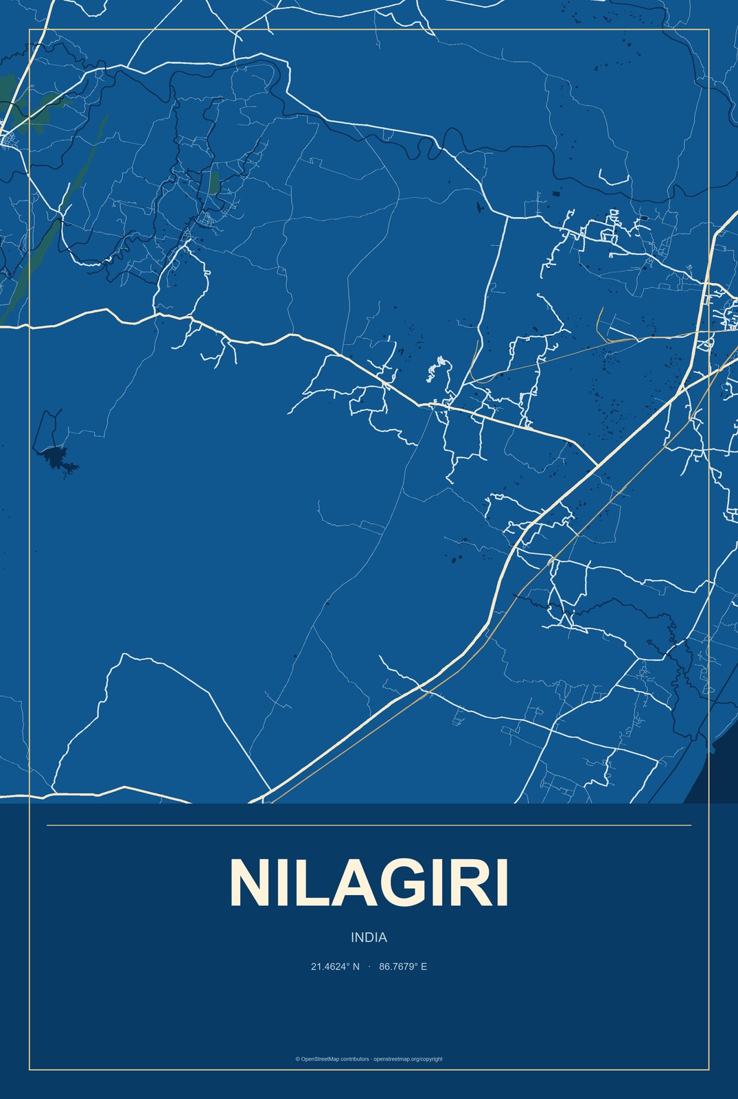 Nilagiri, India City Map Aluminum Sign in Harbor Cobalt style