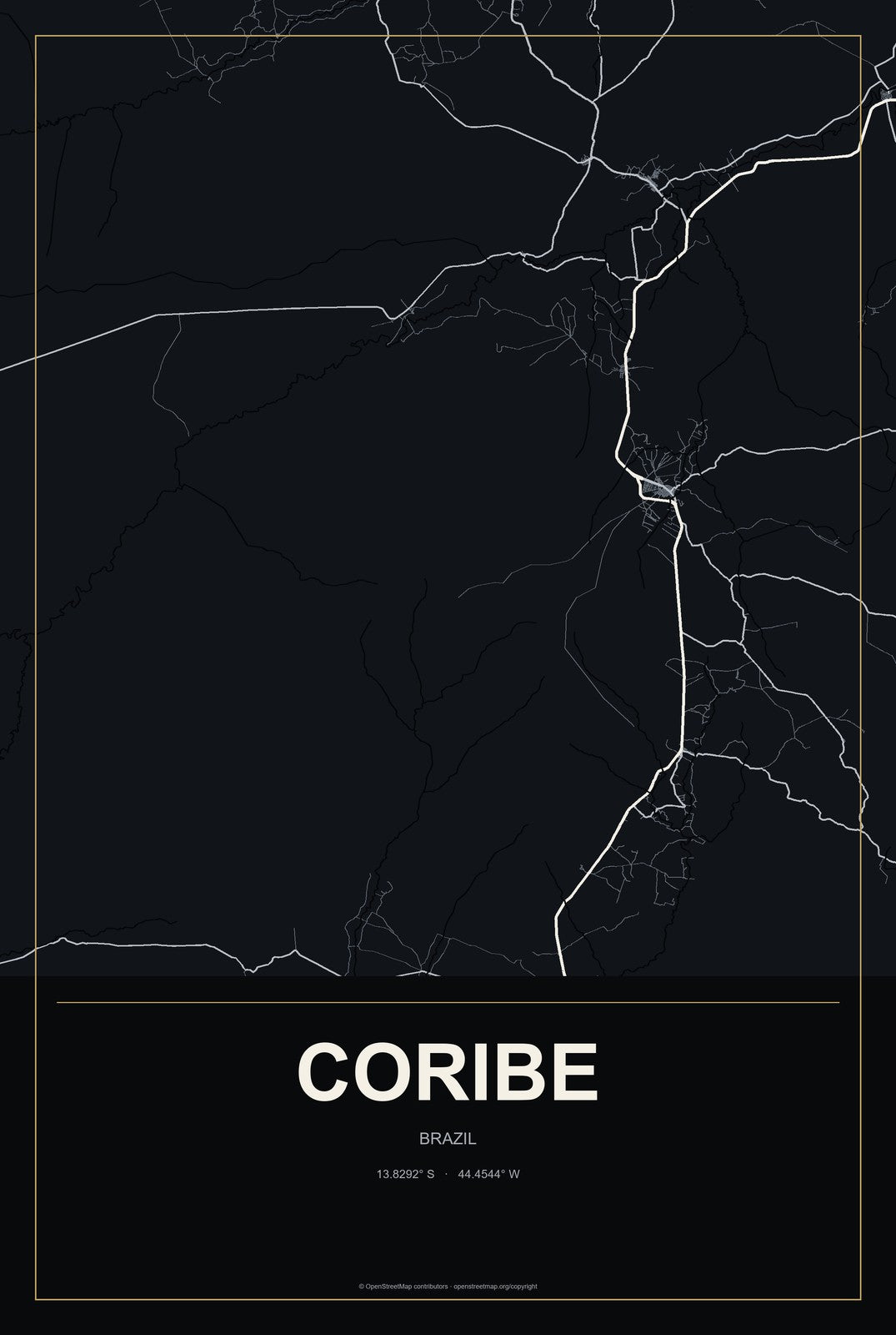 Coribe, Brazil City Map Aluminum Sign in Metropolitan Noir style