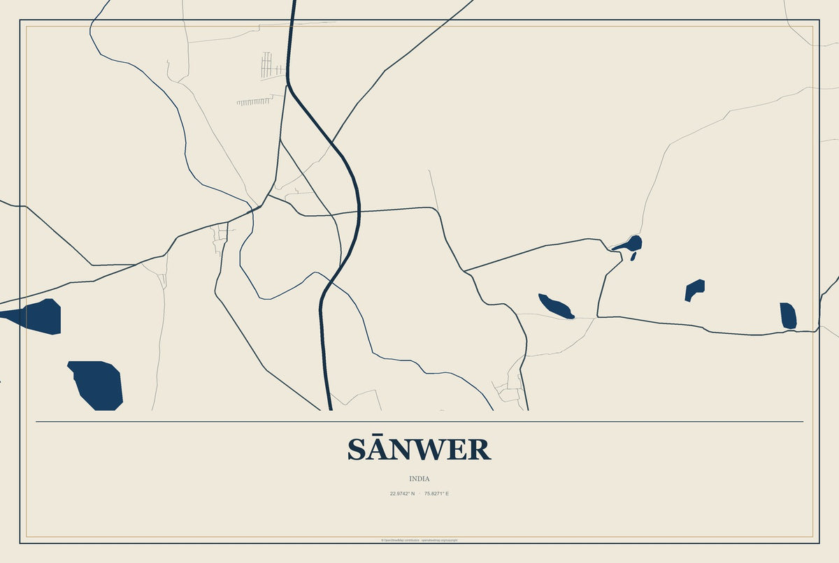 Sānwer, India City Map Aluminum Sign in Coastal Cutout style