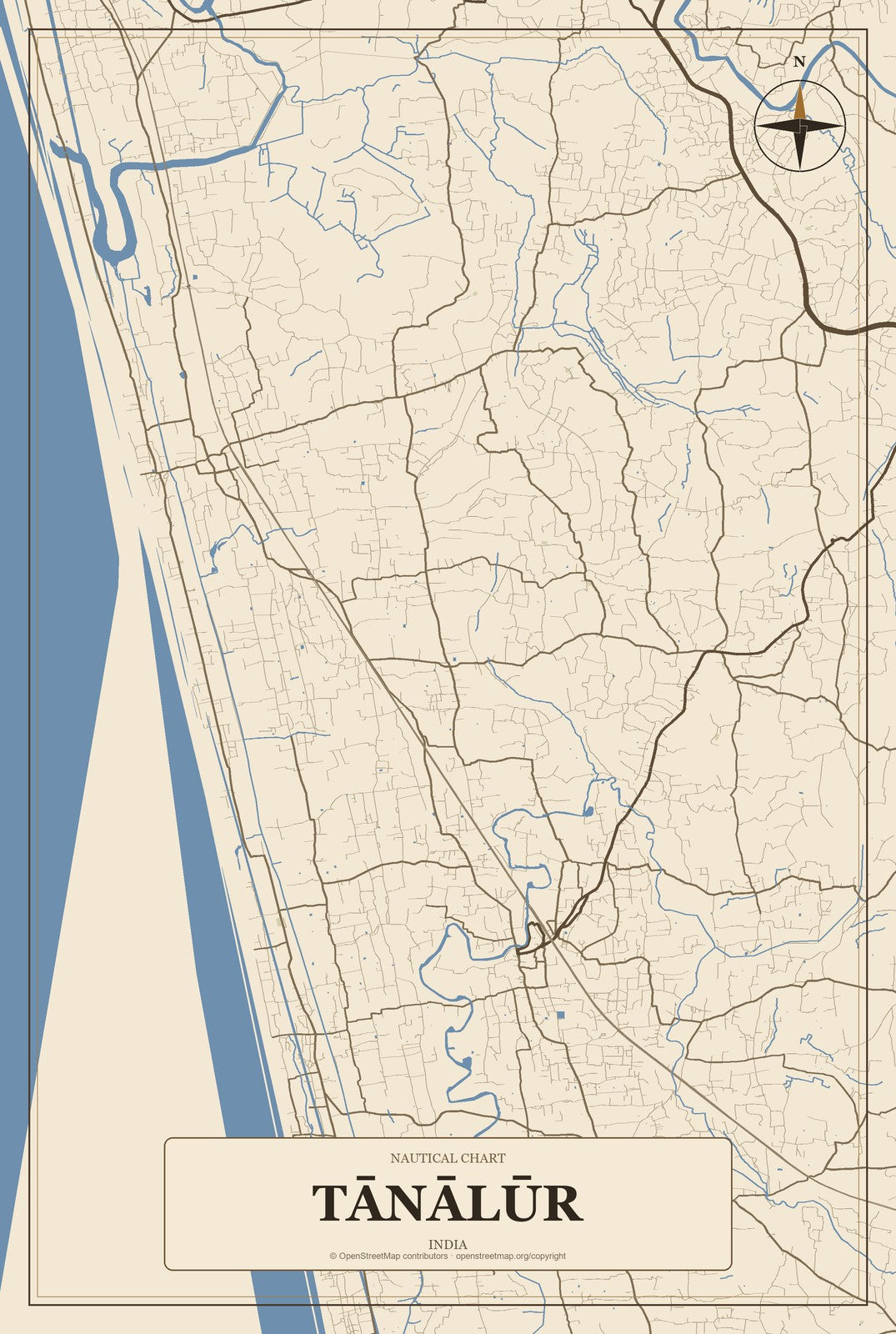 Tānālūr, India City Map Aluminum Sign in Heritage Nautical style