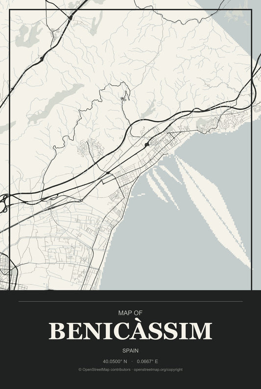 Benicàssim, Spain City Map Aluminum Sign in Museum Plaque style