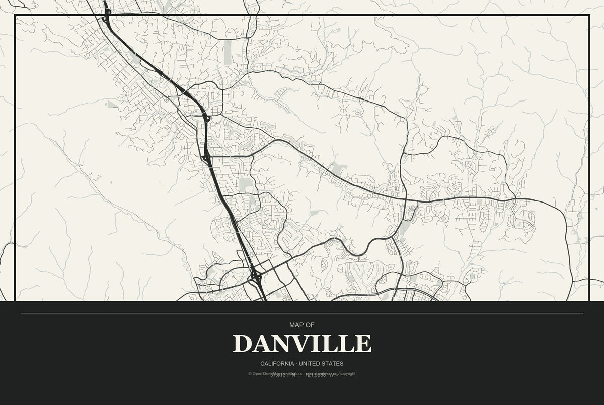 Danville, California City Map Aluminum Sign in Museum Plaque style