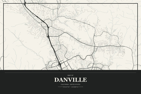 Danville, California City Map Aluminum Sign in Museum Plaque style