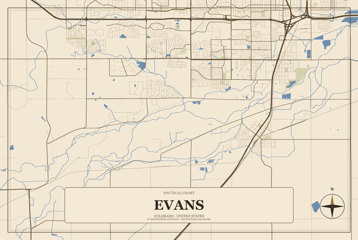 Evans, Colorado City Map Aluminum Sign in Heritage Nautical style