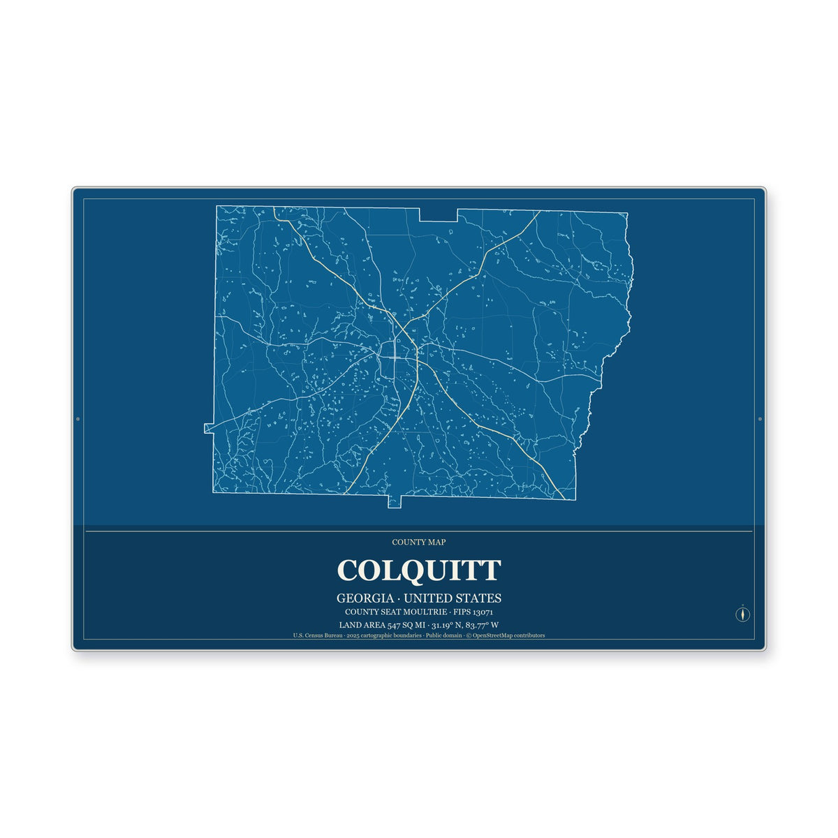 Colquitt County, Georgia Map Aluminum Sign in Harbor Cobalt style