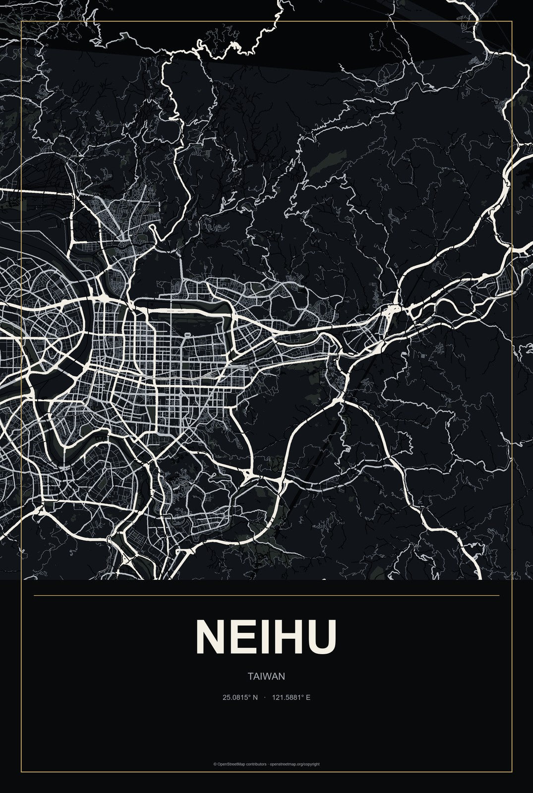Neihu, Taiwan City Map Aluminum Sign in Metropolitan Noir style