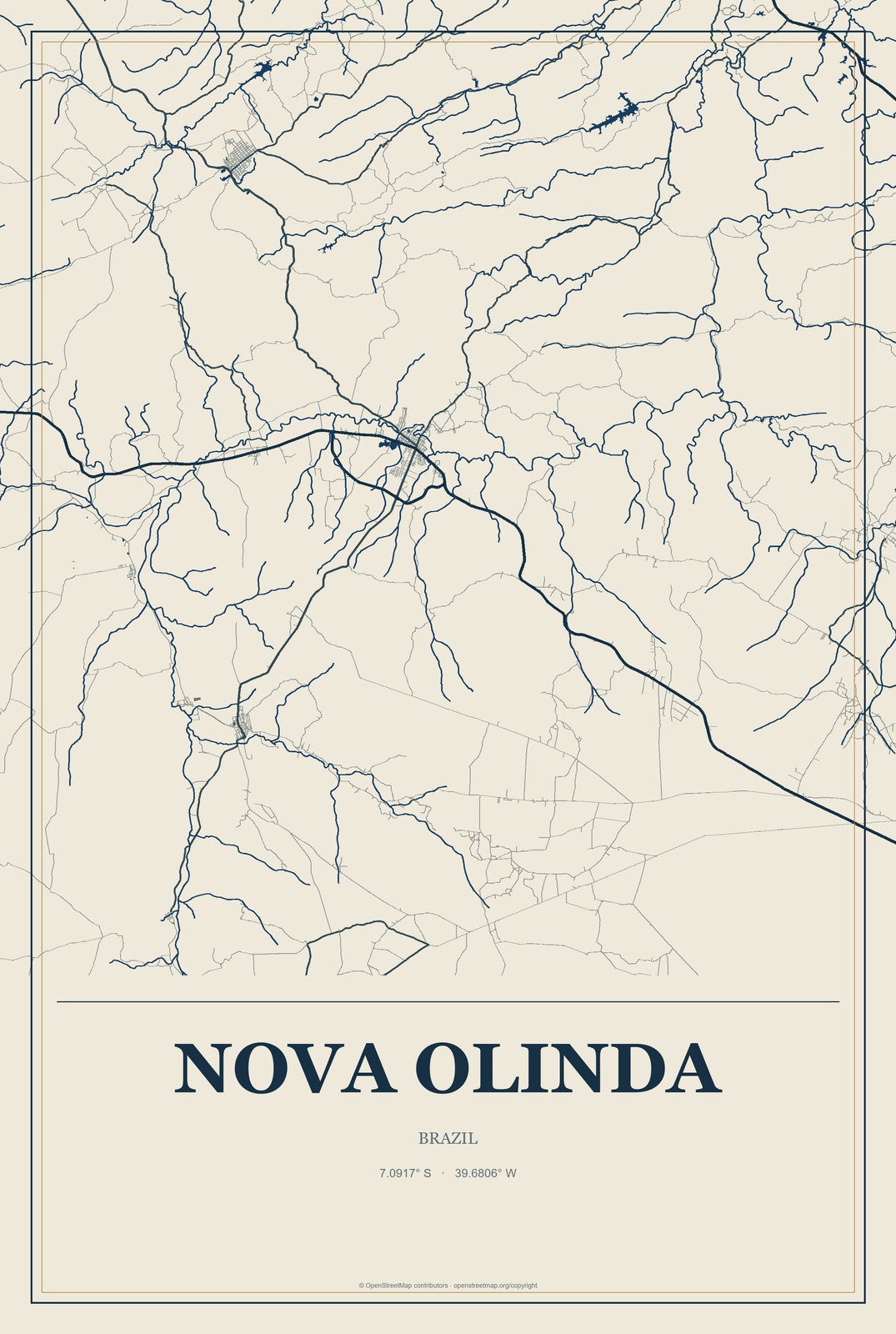 Nova Olinda, Tocantins, Brazil City Map Aluminum Sign in Coastal Cutout style