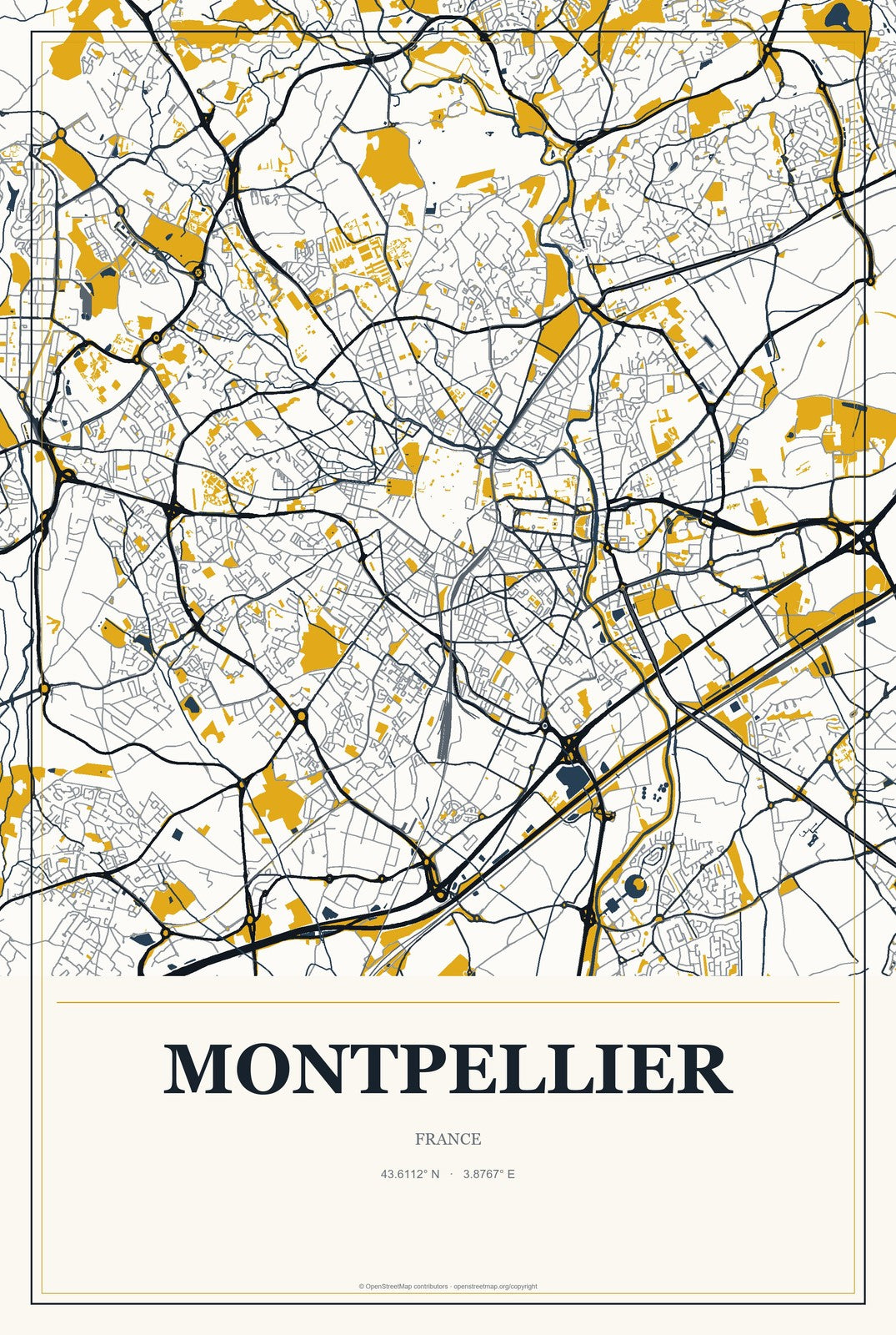 Montpellier, France City Map Aluminum Sign in Citrine Modern style