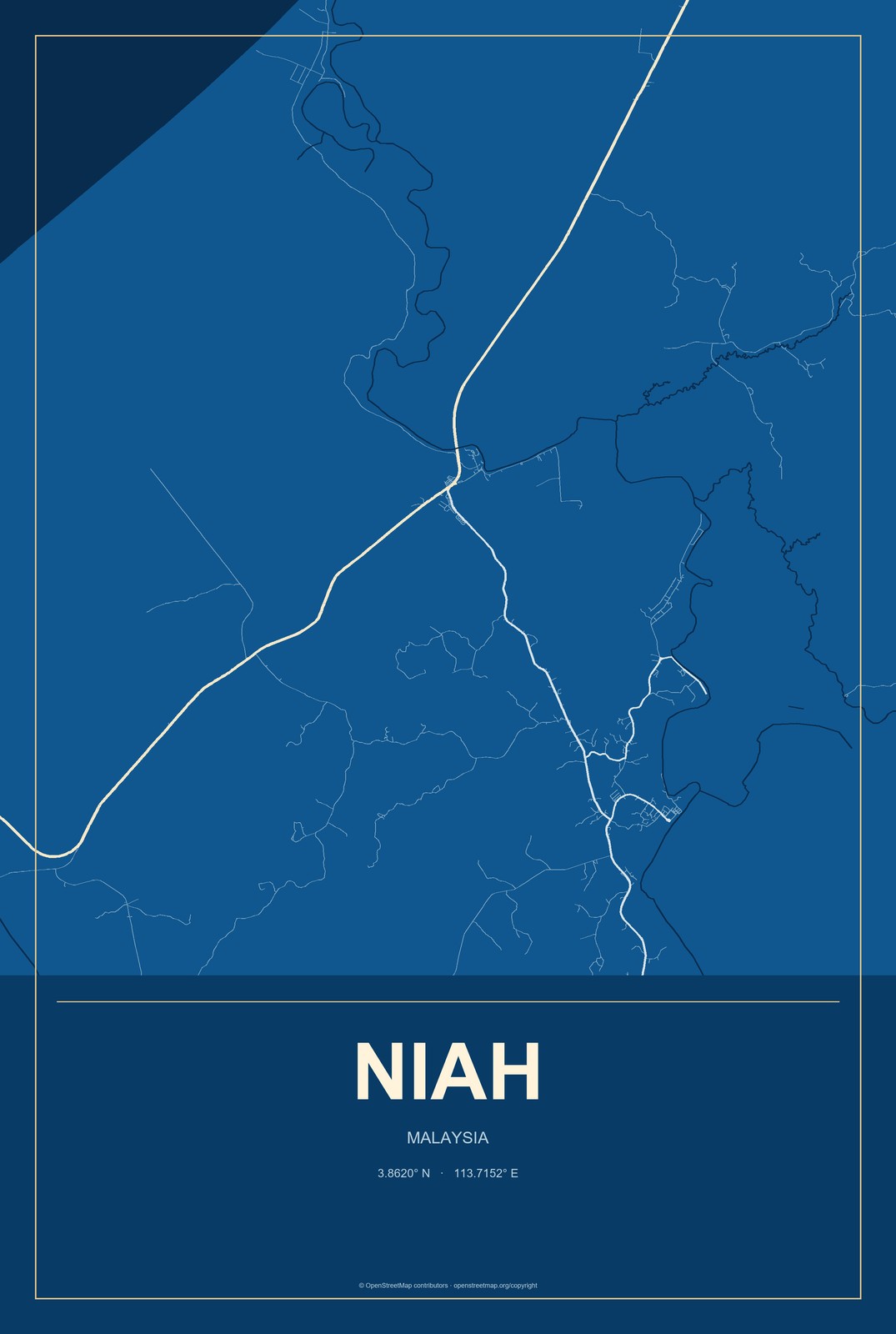 Niah, Malaysia City Map Aluminum Sign in Harbor Cobalt style