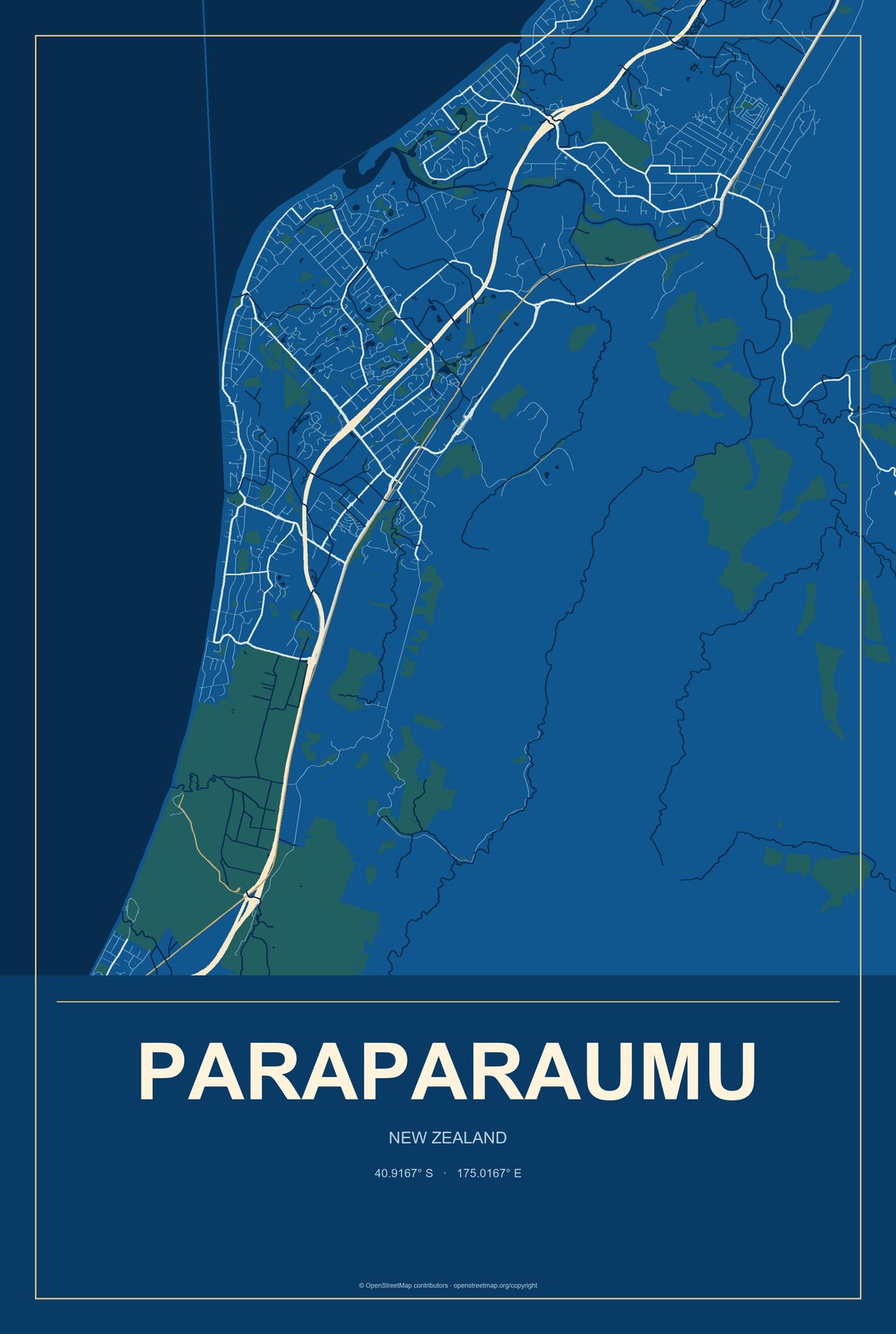 Paraparaumu, New Zealand City Map Aluminum Sign in Harbor Cobalt style