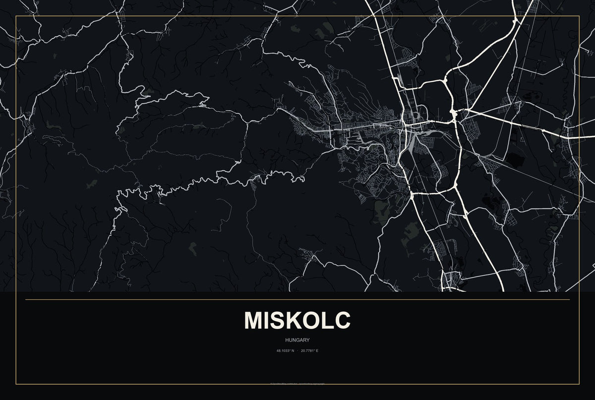 Miskolc, Hungary City Map Aluminum Sign in Metropolitan Noir style