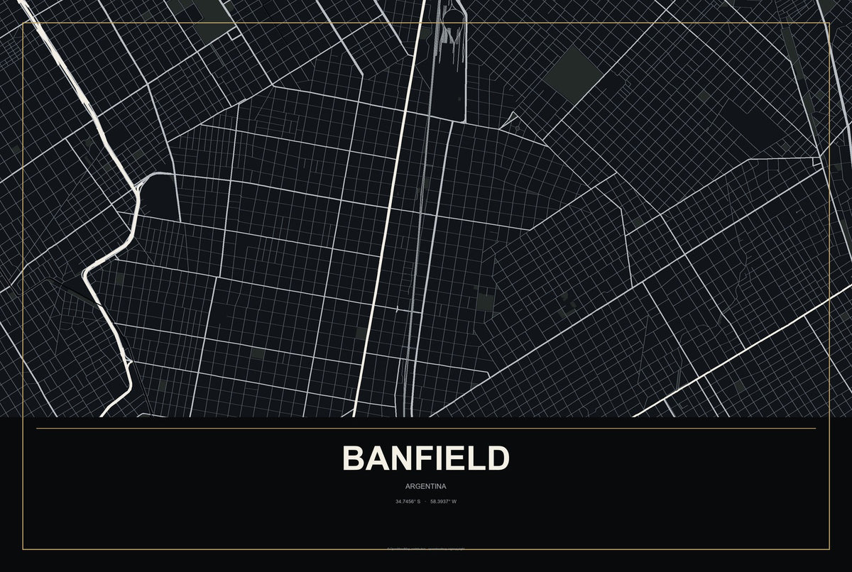 Banfield, Argentina City Map Aluminum Sign in Metropolitan Noir style