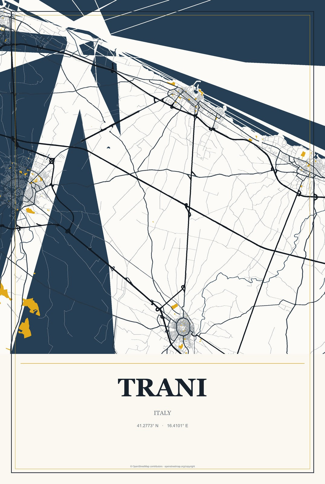 Trani, Italy City Map Aluminum Sign in Citrine Modern style