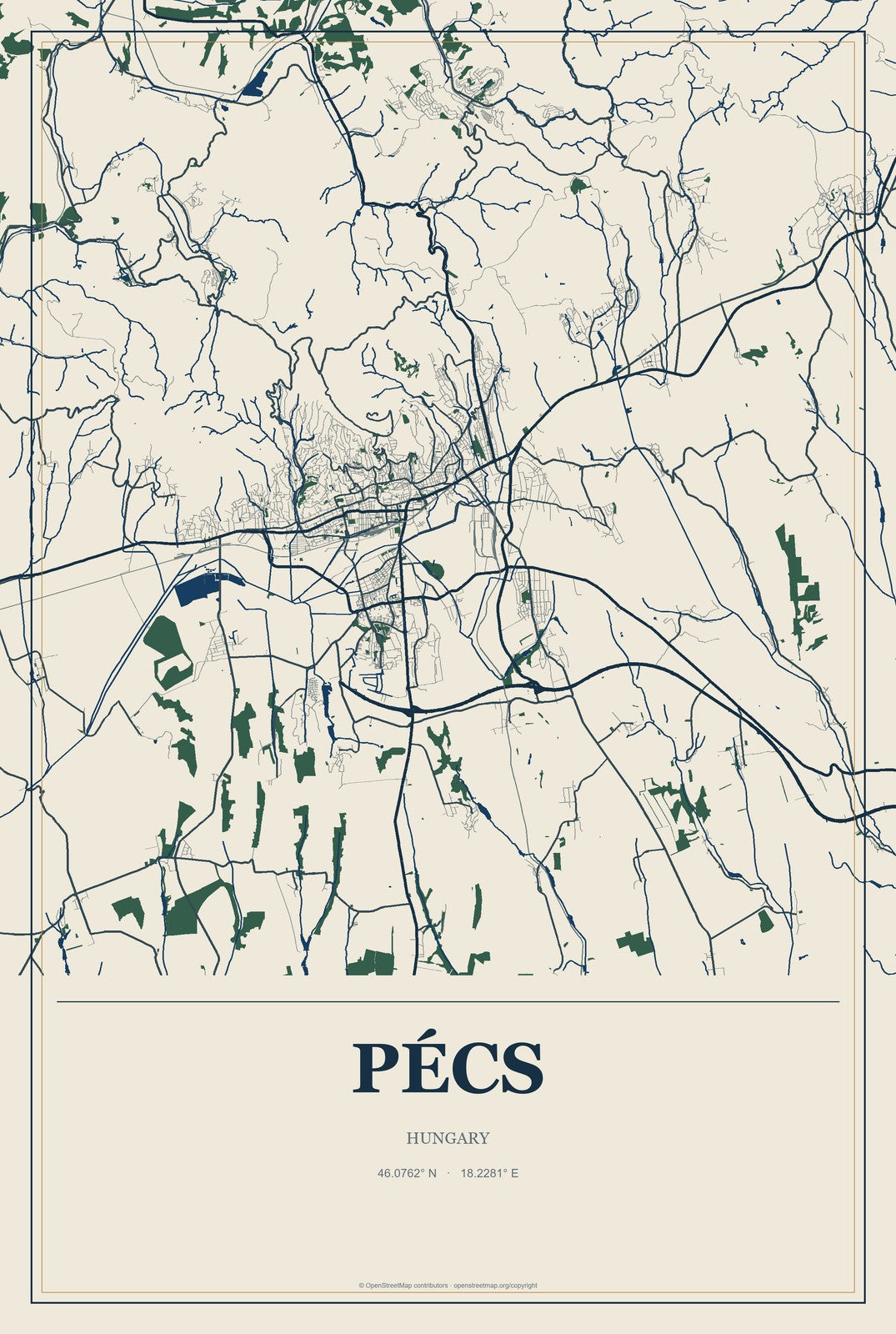 Pécs, Hungary City Map Aluminum Sign in Coastal Cutout style