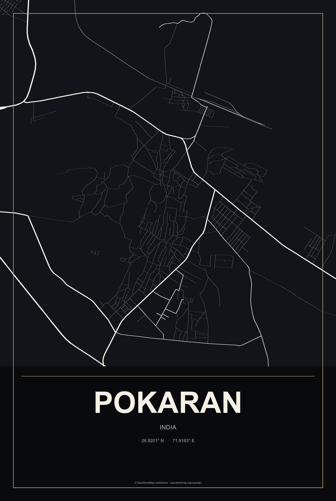 Pokaran, India City Map Aluminum Sign in Metropolitan Noir style