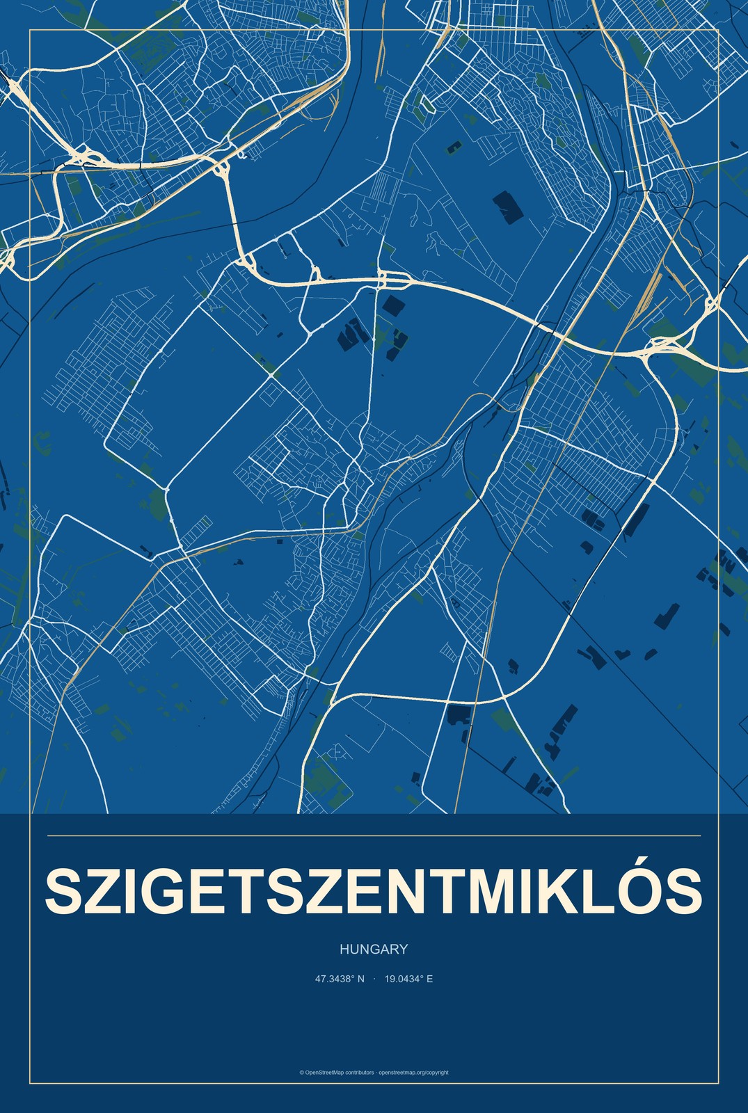 Szigetszentmiklós, Hungary City Map Aluminum Sign in Harbor Cobalt style