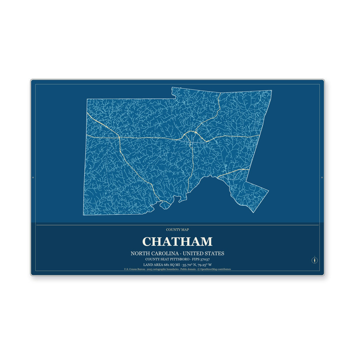 Chatham County, North Carolina Map Aluminum Sign in Harbor Cobalt style