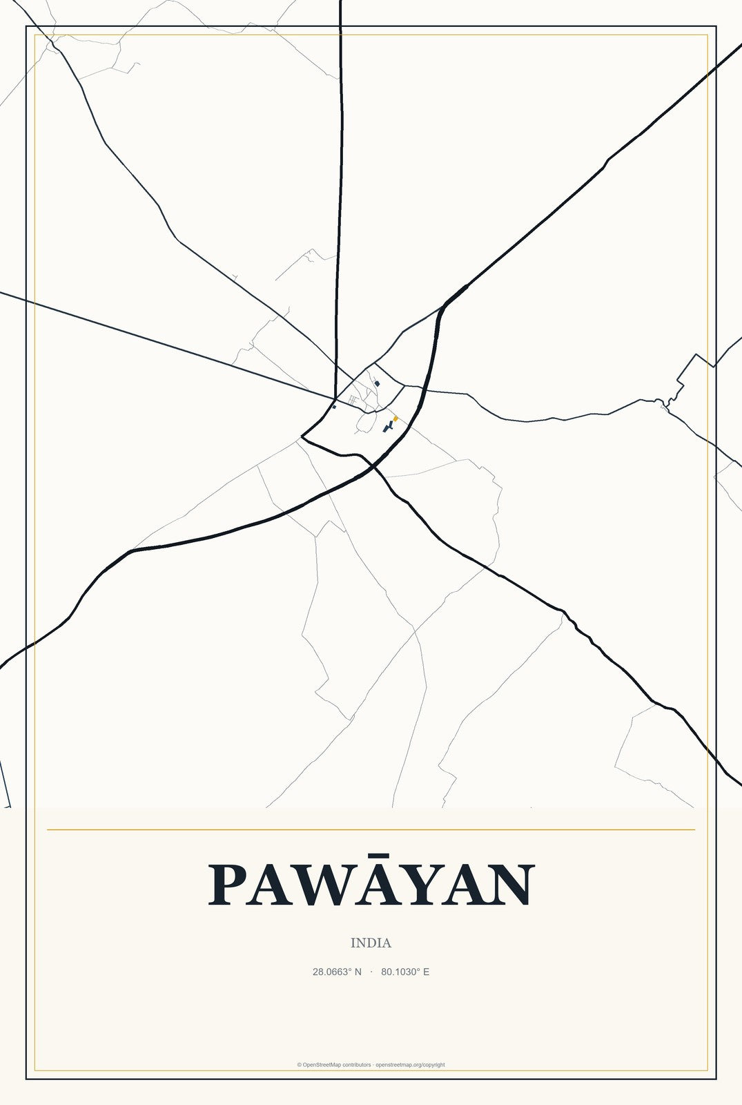 Pawāyan, India City Map Aluminum Sign in Citrine Modern style